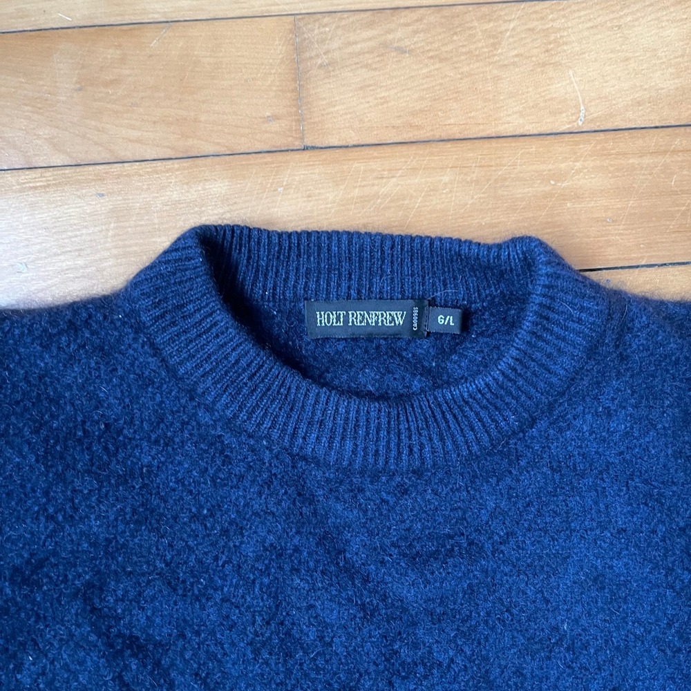 Holt Renfrew Mens 100% Cashmere Crewneck Sweater Navy Blue Large G/L Ribbed Knit - Picture 2 of 6